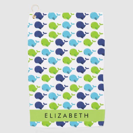 鯨の模様、かわいいクジラ、あなたの名前 ゴルフタオル (正面)