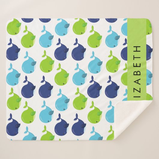 鯨の模様、かわいいクジラ、あなたの名前 シェルパブランケット (正面(横))