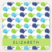 鯨の模様、かわいいクジラ、あなたの名前 スクエアペーパーコースター (正面)