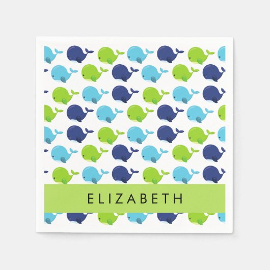 鯨の模様、かわいいクジラ、あなたの名前 スタンダードカクテルナプキン (正面)