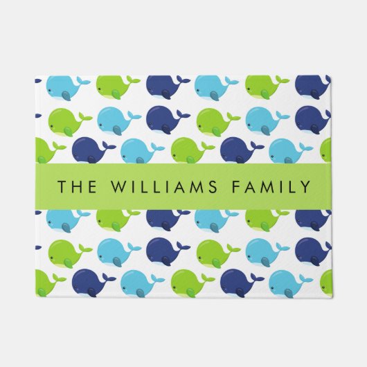 鯨の模様、かわいいクジラ、あなたの名前 ドアマット (正面)