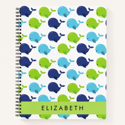 鯨の模様、かわいいクジラ、あなたの名前 ノートブック (正面)