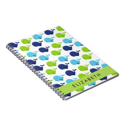 鯨の模様、かわいいクジラ、あなたの名前 ノートブック (右側)