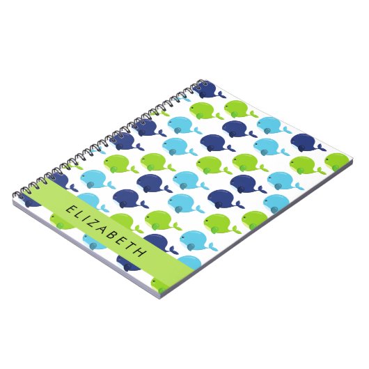 鯨の模様、かわいいクジラ、あなたの名前 ノートブック (左側)