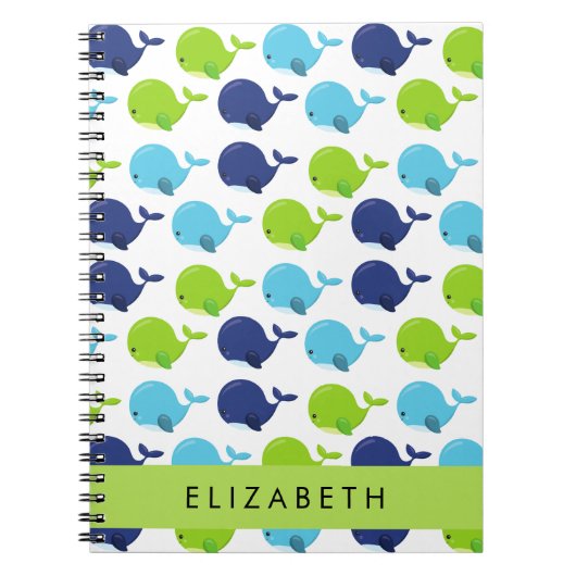 鯨の模様、かわいいクジラ、あなたの名前 ノートブック (正面)