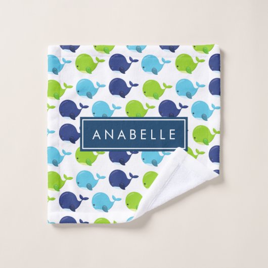 鯨の模様、かわいいクジラ、あなたの名前 バスタオルセット (ウォッシュタオル)