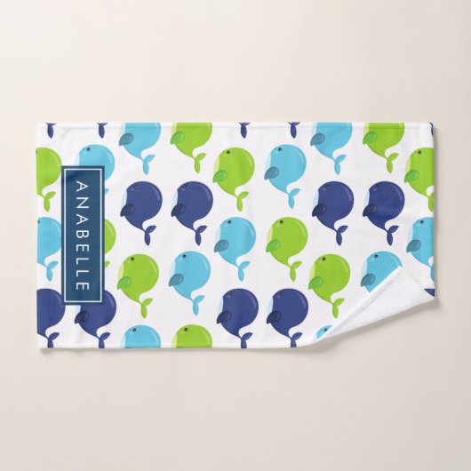鯨の模様、かわいいクジラ、あなたの名前 バスタオルセット (ハンドタオル)