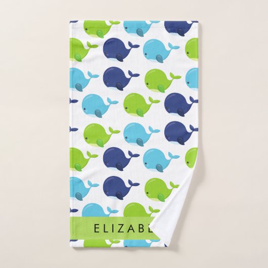 鯨の模様、かわいいクジラ、あなたの名前 バスタオルセット (ハンドタオル)