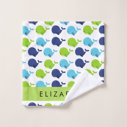 鯨の模様、かわいいクジラ、あなたの名前 バスタオルセット (ウォッシュタオル)