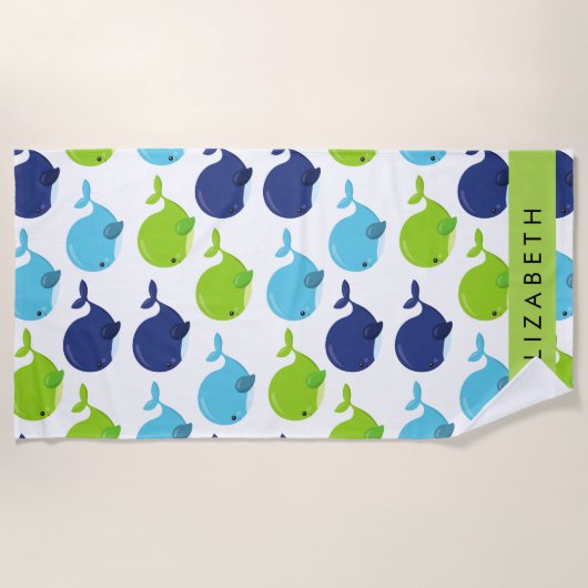 鯨の模様、かわいいクジラ、あなたの名前 ビーチタオル (正面)