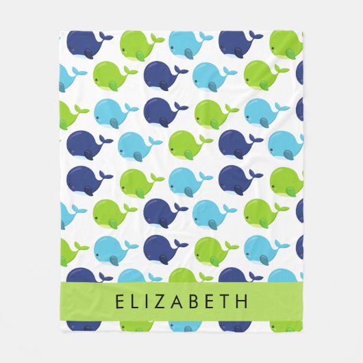 鯨の模様、かわいいクジラ、あなたの名前 フリースブランケット (正面)