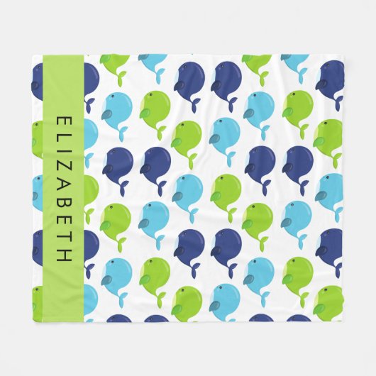 鯨の模様、かわいいクジラ、あなたの名前 フリースブランケット (正面(横))