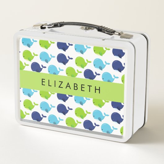 鯨の模様、かわいいクジラ、あなたの名前 メタルランチボックス (裏面)