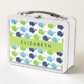 鯨の模様、かわいいクジラ、あなたの名前 メタルランチボックス (正面)