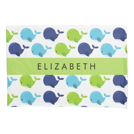 鯨の模様、かわいいクジラ、あなたの名前 枕カバー (正面)