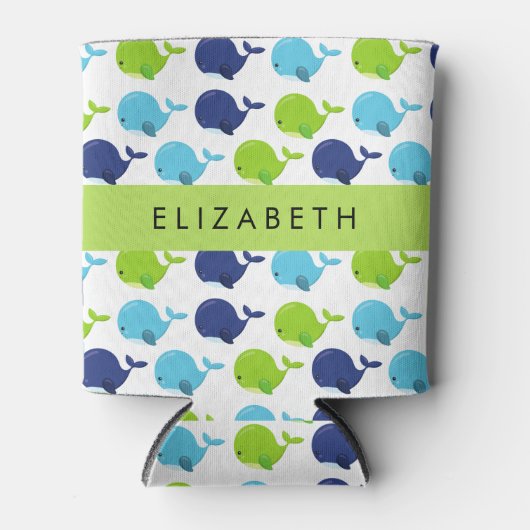 鯨の模様、かわいいクジラ、あなたの名前 缶クーラー (正面)