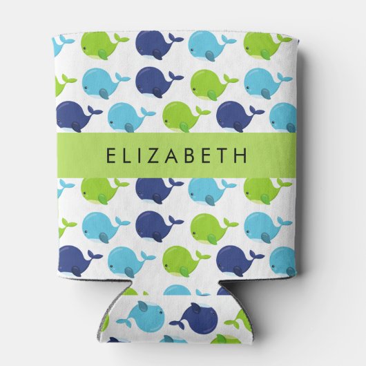 鯨の模様、かわいいクジラ、あなたの名前 缶クーラー (裏面)