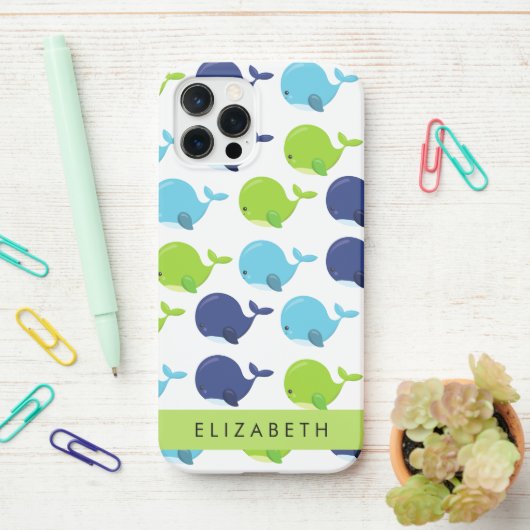鯨の模様、かわいいクジラ、あなたの名前 iPhoneケース (デスク上)