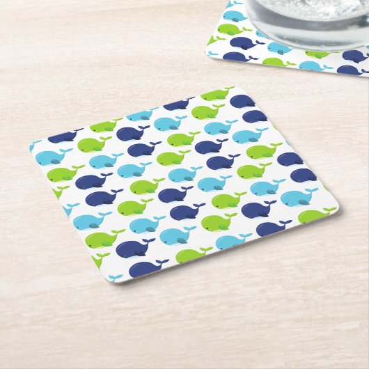 鯨の模様、かわいいクジラ、海獣 スクエアペーパーコースター (アングル)
