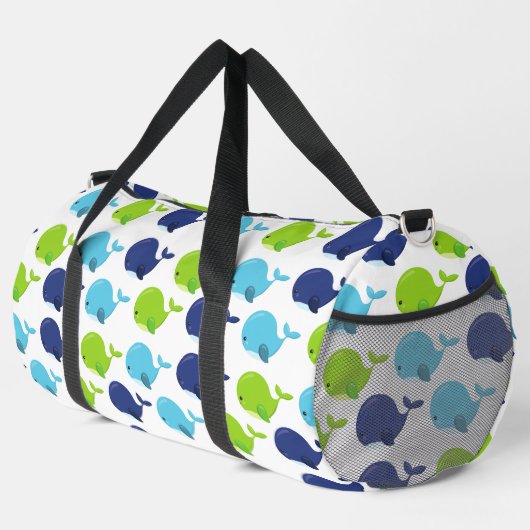 鯨の模様、かわいいクジラ、海獣 ダッフルバッグ (右コーナー)