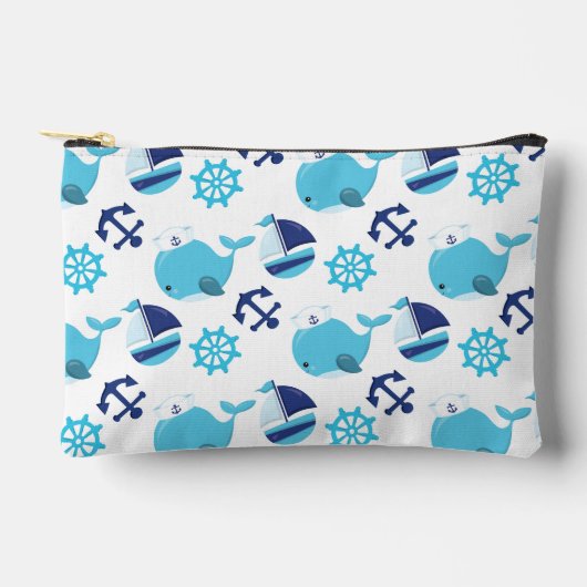 鯨の模様、かわいいクジラ、青いクジラ アクセサリーポーチ (正面)
