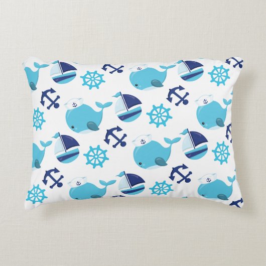 鯨の模様、かわいいクジラ、青いクジラ アクセントクッション (正面)