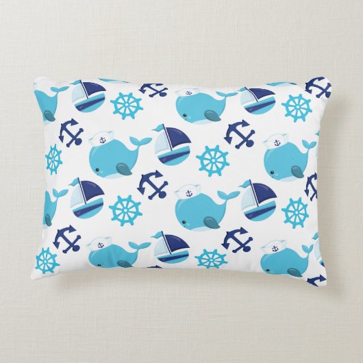 鯨の模様、かわいいクジラ、青いクジラ アクセントクッション (裏面)