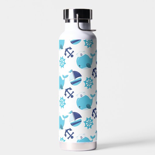 鯨の模様、かわいいクジラ、青いクジラ ウォーターボトル (左面)