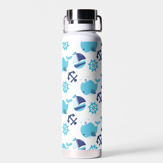 鯨の模様、かわいいクジラ、青いクジラ ウォーターボトル (背面)