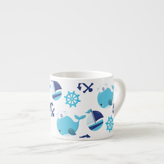 鯨の模様、かわいいクジラ、青いクジラ エスプレッソカップ (正面右)