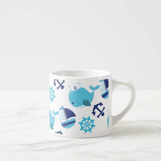 鯨の模様、かわいいクジラ、青いクジラ エスプレッソカップ (右)
