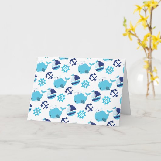 鯨の模様、かわいいクジラ、青いクジラ カード (黄色い花)