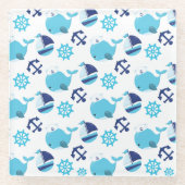 鯨の模様、かわいいクジラ、青いクジラ ガラスコースター (正面)