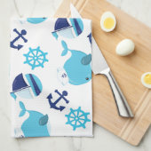 鯨の模様、かわいいクジラ、青いクジラ キッチンタオル (四つ折り)