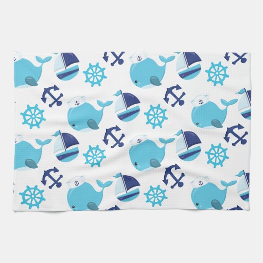 鯨の模様、かわいいクジラ、青いクジラ キッチンタオル (横)