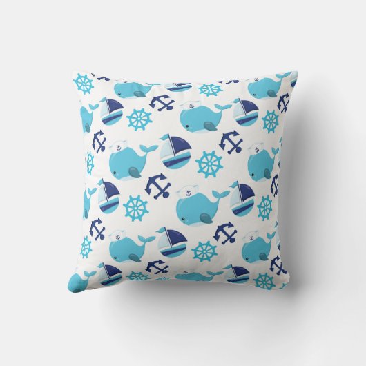 鯨の模様、かわいいクジラ、青いクジラ クッション (裏面)
