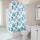 鯨の模様、かわいいクジラ、青いクジラ シャワーカーテン (インサイチュ)