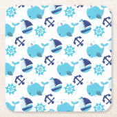 鯨の模様、かわいいクジラ、青いクジラ スクエアペーパーコースター (正面)