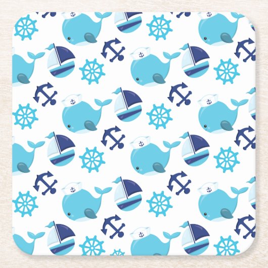 鯨の模様、かわいいクジラ、青いクジラ スクエアペーパーコースター (正面)