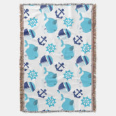 鯨の模様、かわいいクジラ、青いクジラ スローブランケット (正面縦)