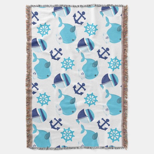 鯨の模様、かわいいクジラ、青いクジラ スローブランケット (正面縦)