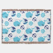 鯨の模様、かわいいクジラ、青いクジラ スローブランケット (正面)