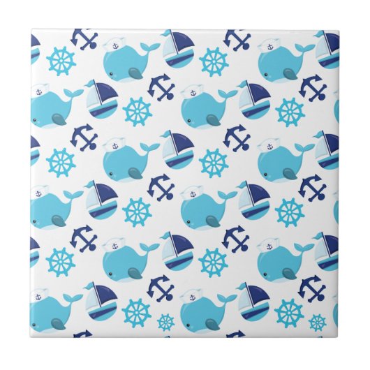 鯨の模様、かわいいクジラ、青いクジラ タイル (正面)