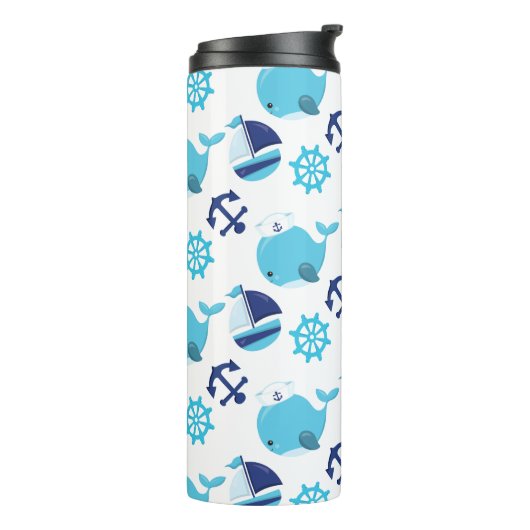 鯨の模様、かわいいクジラ、青いクジラ タンブラー (回転左)