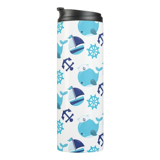 鯨の模様、かわいいクジラ、青いクジラ タンブラー (回転右)