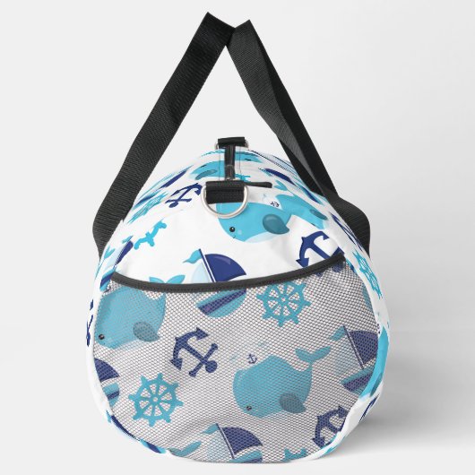 鯨の模様、かわいいクジラ、青いクジラ ダッフルバッグ (右)