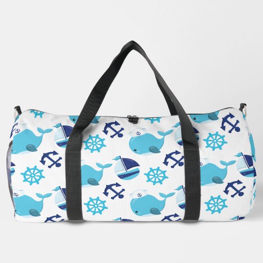 鯨の模様、かわいいクジラ、青いクジラ ダッフルバッグ (裏面)