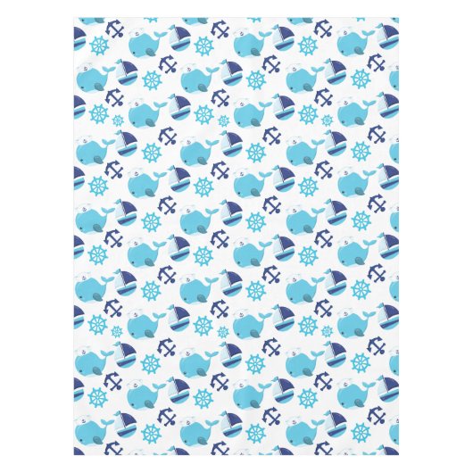 鯨の模様、かわいいクジラ、青いクジラ テーブルクロス (正面)