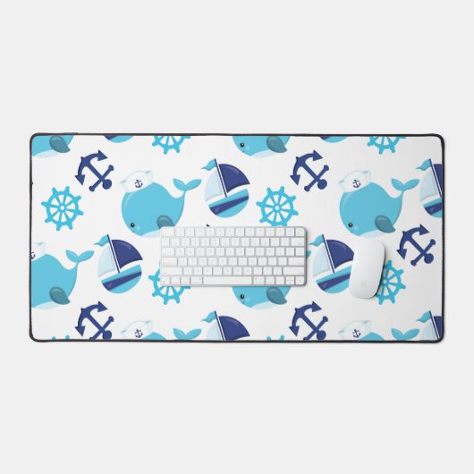 鯨の模様、かわいいクジラ、青いクジラ デスクマット (キーボード&マウス)