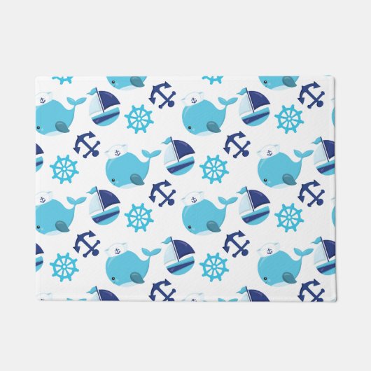 鯨の模様、かわいいクジラ、青いクジラ ドアマット (正面)